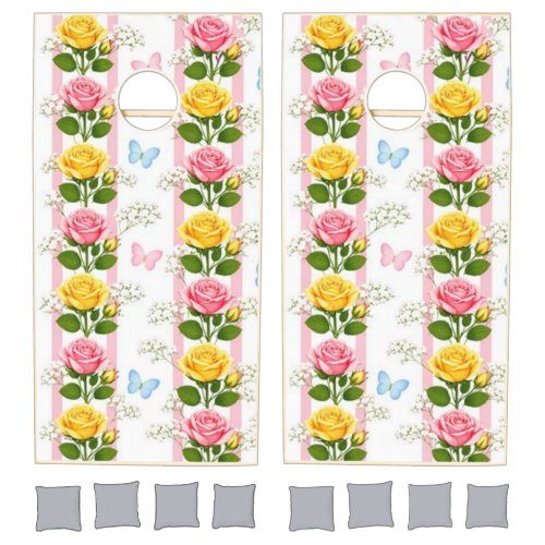 Cornhole Set Pink Roses Yellow &amp; White Stripe