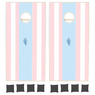 Cornhole Set Pink & White Blue Stripe Blue Leaf