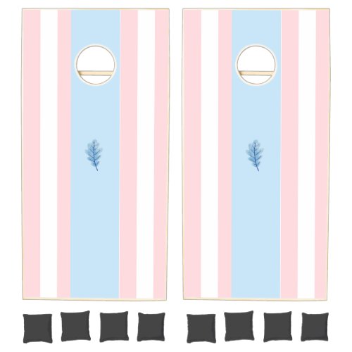 Cornhole Set Pink &amp; White Blue Stripe Blue Leaf