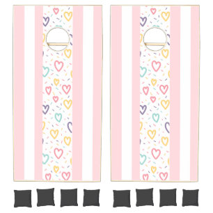 Cornhole Set Pink & White Hearts Stripe
