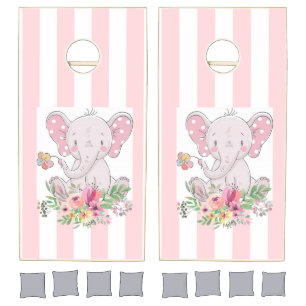 Cornhole Set Pink & White Stripe Baby Elephant