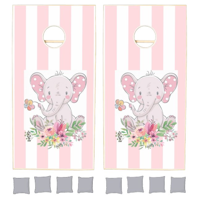Cornhole Set Pink & White Stripe Baby Elephant (Set)