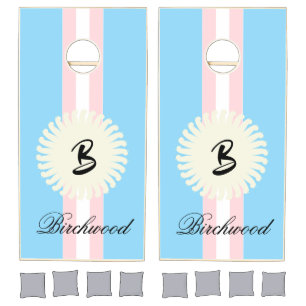 Cornhole Set Pink & White Stripe Blue Monogram