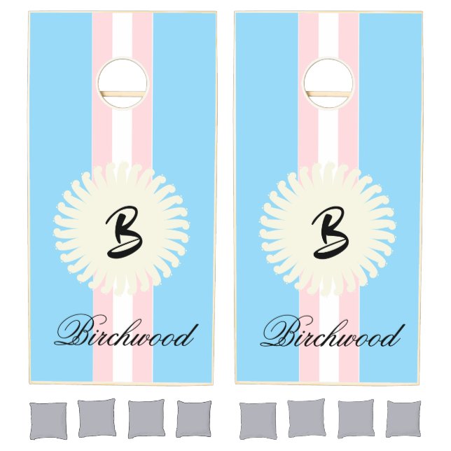 Cornhole Set Pink & White Stripe Blue Monogram  (Set)
