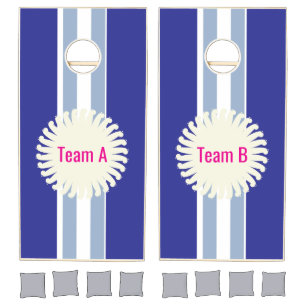 Cornhole Set Pink & White Stripe Blue Team