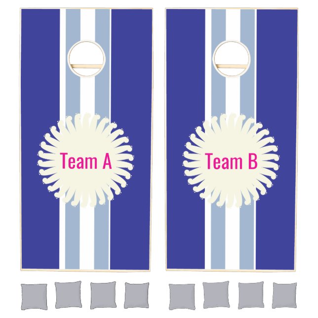 Cornhole Set Pink & White Stripe Blue Team (Set)