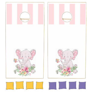 Cornhole Set Pink & White Stripe Floral Elephant