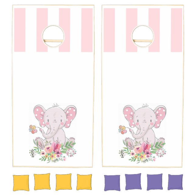 Cornhole Set Pink & White Stripe Floral Elephant  (Set)