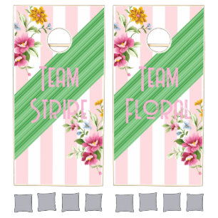 Cornhole Set Pink & White Stripe Floral Green 