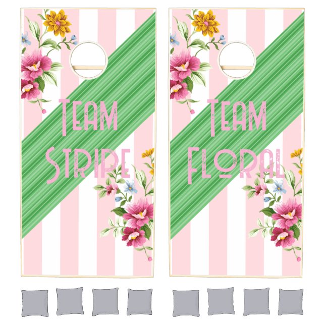 Cornhole Set Pink & White Stripe Floral Green  (Set)