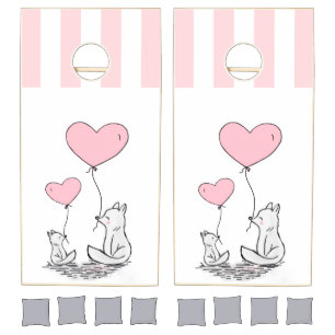 Cornhole Set Pink & White Stripe Fox Hearts