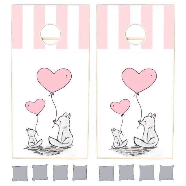 Cornhole Set Pink & White Stripe Fox Hearts (Set)