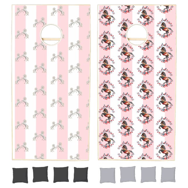 Cornhole Set Pink & White Stripe Horse (Set)
