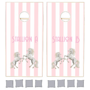 Cornhole Set Pink & White Stripe White Horses