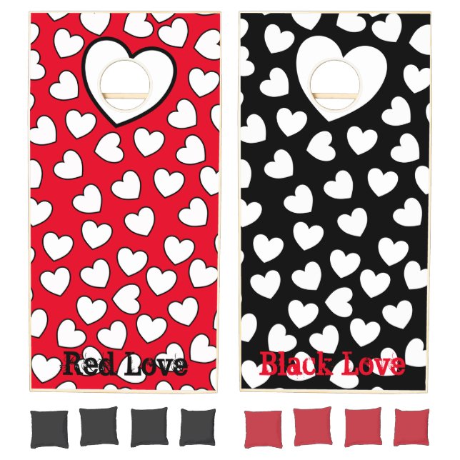 Cornhole Set Red and Black White Hearts Love (Set)