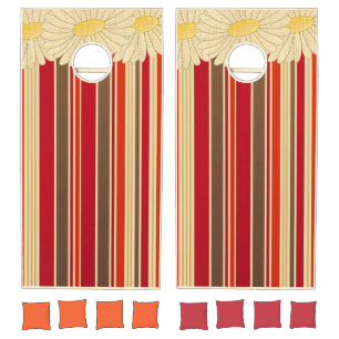 Cornhole Set Red Brown & White Stripe Floral