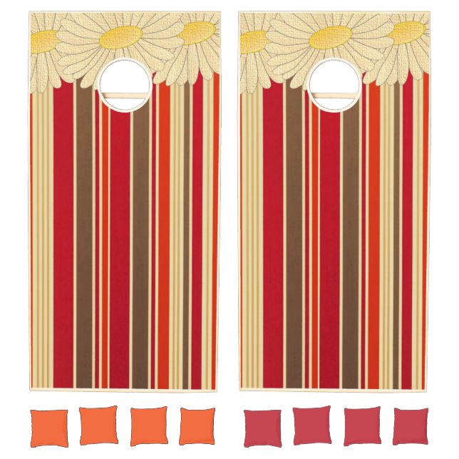 Cornhole Set Red Brown & White Stripe Floral (Set)