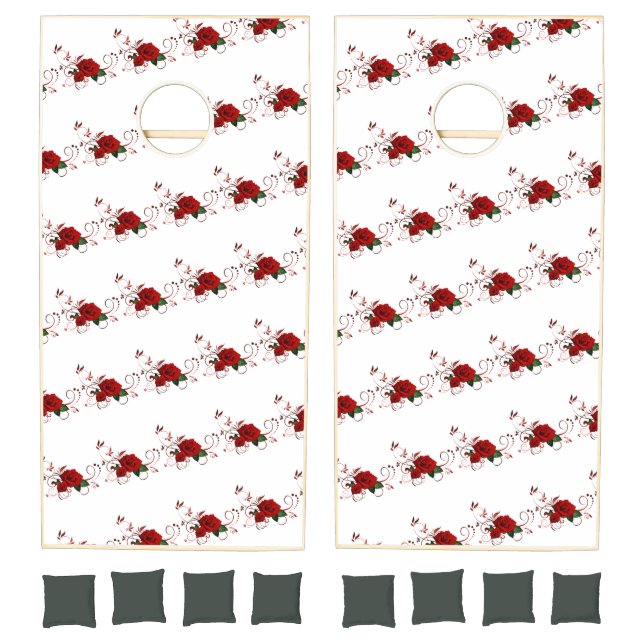 Cornhole Set Red Rose Flowers Floral  (Set)