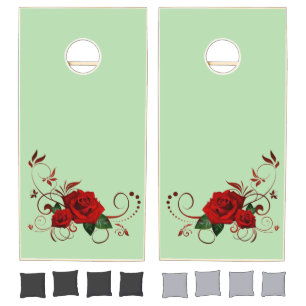 Cornhole Set Spring Green Red Rose Floral