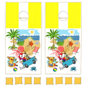 Cornhole Set Stripe Yellow White Beach House