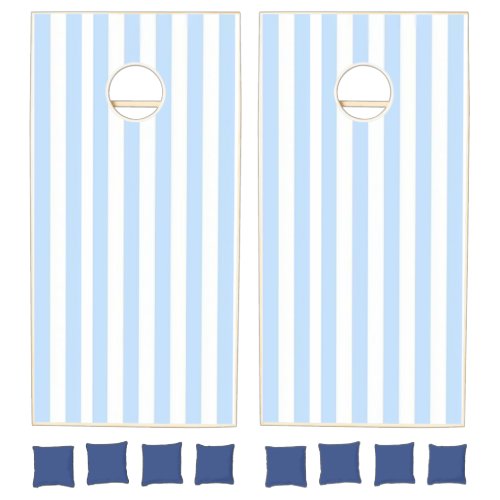 Cornhole Set Vertical Baby Blue & White Stripe
