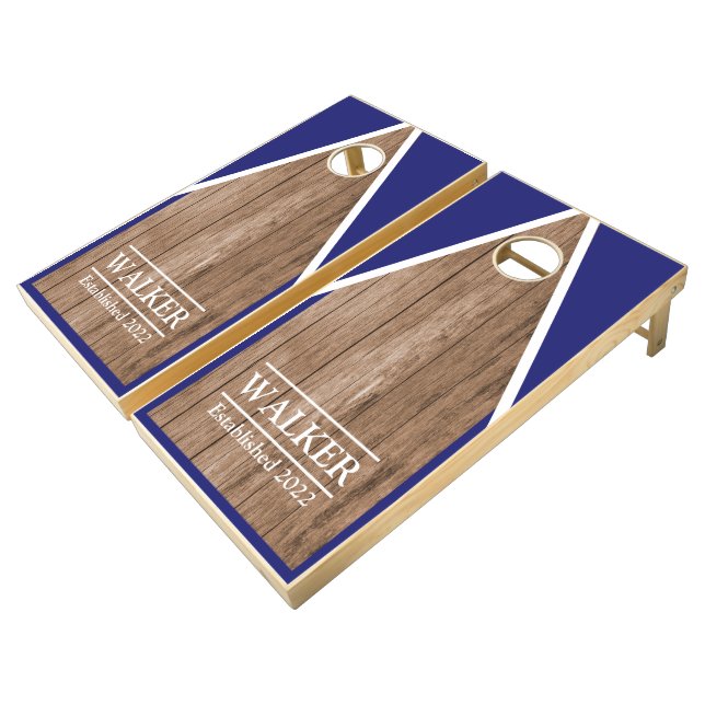 Cornhole set with customizable name and date (Angled)
