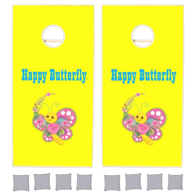 Cornhole Set Yellow Background Happy Butterfly  (Set)