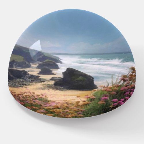 Cornish beach view from cliffs with flowers paperweight