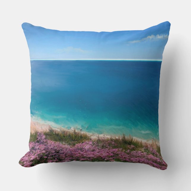 Cornish cliff top view of sea with pink flowers throw pillow (Front)
