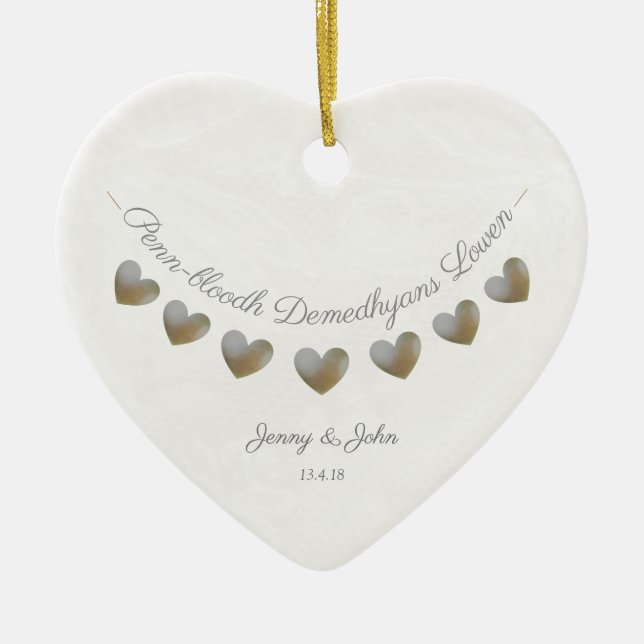 Cornish language wedding anniversary gift ceramic ornament (Front)