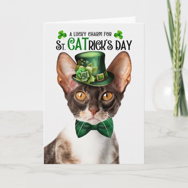 Cornish Rex Cat St CATrick's Day Lucky Charm Holiday Card (Front)