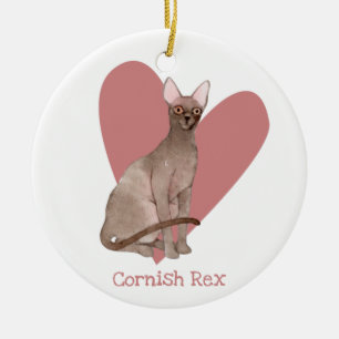 Cornish Rex Cat Watercolor Kitty Pink Heart Ceramic Ornament
