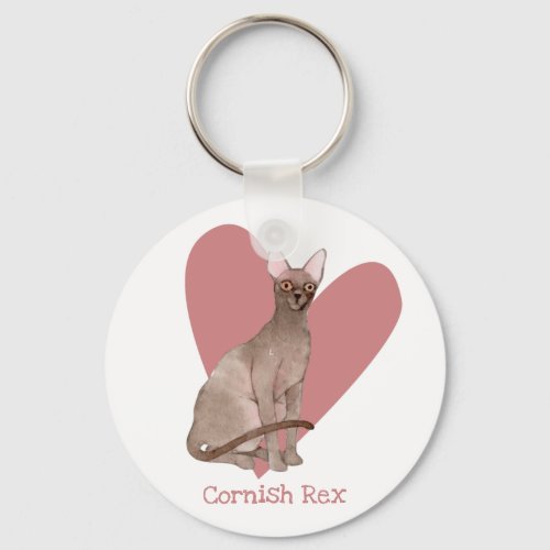Cornish Rex Cat Watercolor Kitty Pink Heart Keychain