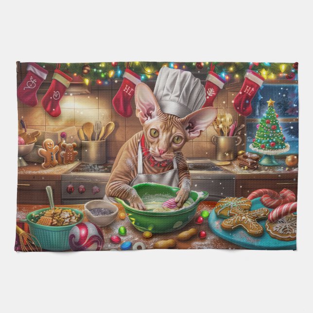 Cornish Rex Holiday Baking: Festive Christmas Kitchen Towel (Horizontal)