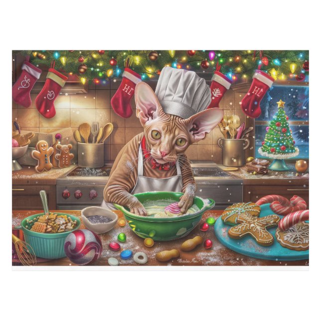 Cornish Rex Holiday Baking: Festive Christmas Tablecloth (Front (Horizontal))