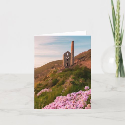 Cornish tin mine with sea pinks thank you card