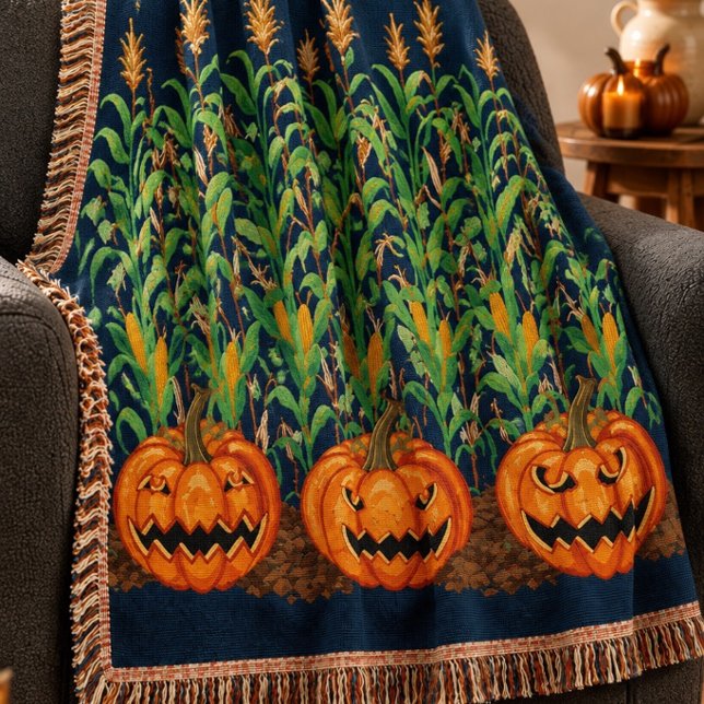 Cornstalks & Pumpkins Halloween Fringe Throw Blanket (Creator Uploaded)