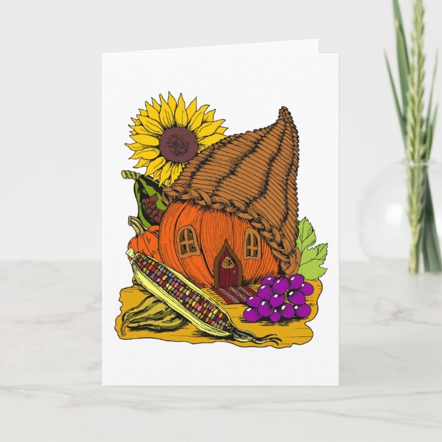 Cornucopia and Pumpkin Fairy House Whimsical Blank Card (Front)