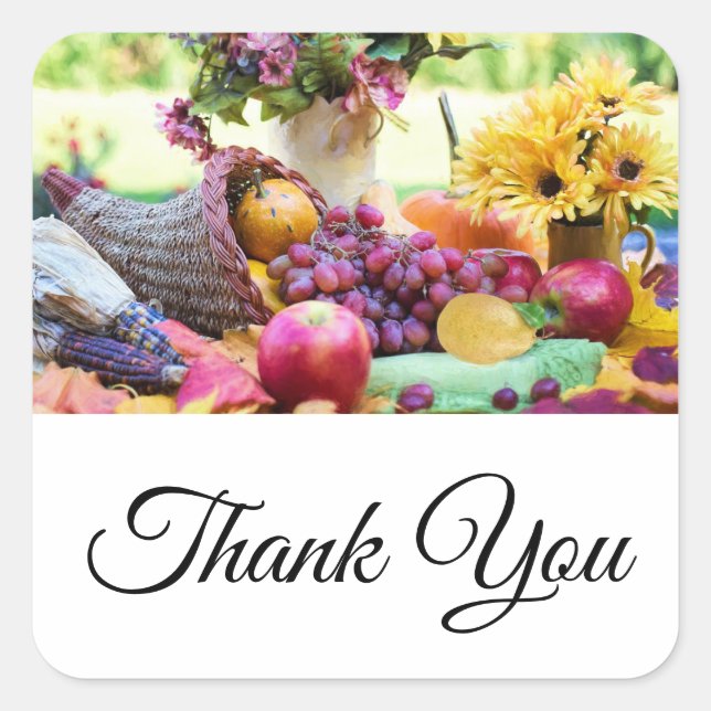 Cornucopia Autumn Harvest Chef's Table Thank You Square Sticker (Front)