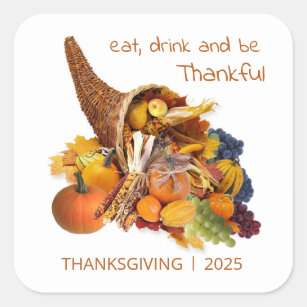 Cornucopia, Eat, Drink & Be Thankful Thanksgiving Square Sticker