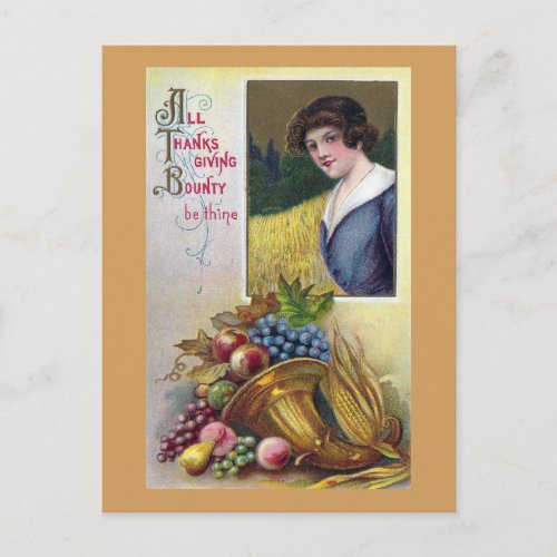 Cornucopia Grapes and Lady Vintage Thanksgiving Holiday Postcard