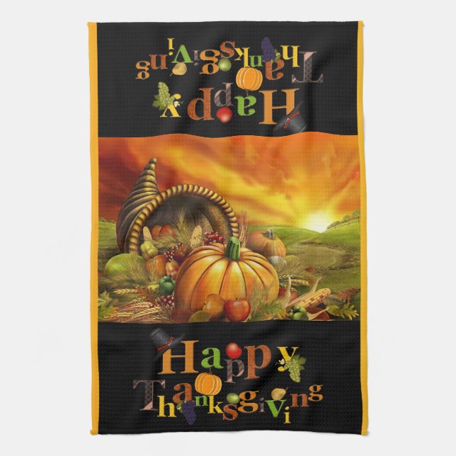 Cornucopia Happy Thanksgiving Text Kitchen Towel (Vertical)