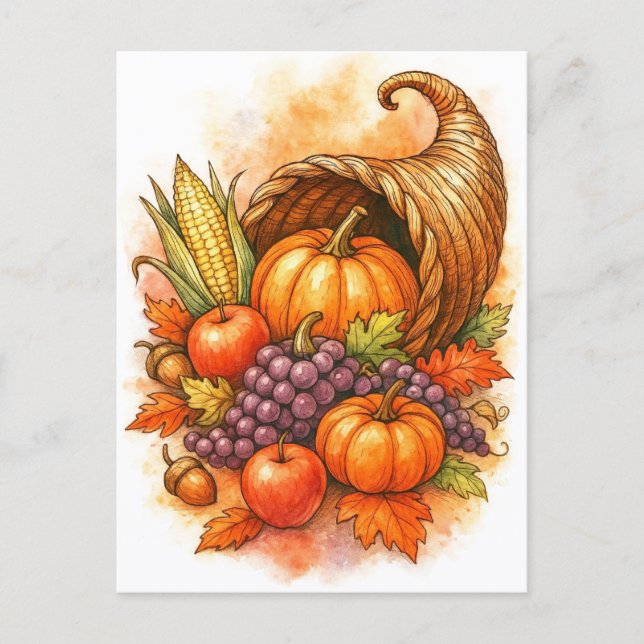 Cornucopia Happy Thanksgiving Watercolor Postcard (Front)