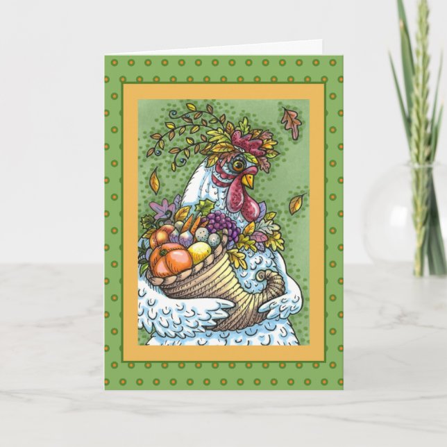 CORNUCOPIA HEN, THANKSGIVING CHICKEN FALL HARVEST HOLIDAY CARD (Front)