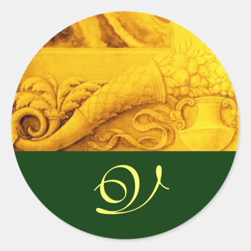 CORNUCOPIA  MONOGRAM  bright gold yellow green Classic Round Sticker