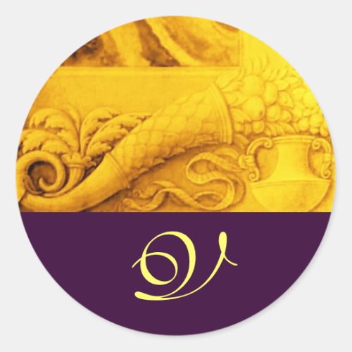 CORNUCOPIA  MONOGRAM  bright gold yellow purple Classic Round Sticker