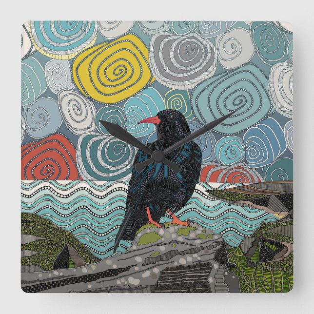 Cornwall chough square wall clock (Front)