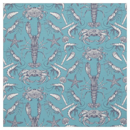 cornwall crustaceans damask blue teal fabric
