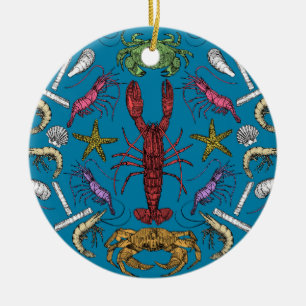 cornwall crustaceans damask pop blue ceramic ornament