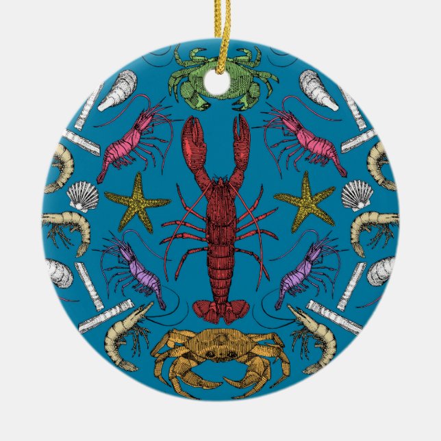 cornwall crustaceans damask pop blue ceramic ornament (Front)